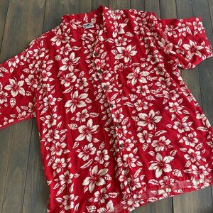 Vintage Tropical Breeze California Cotton Hawaiian Shirt Red Floral Mens XL (L8)